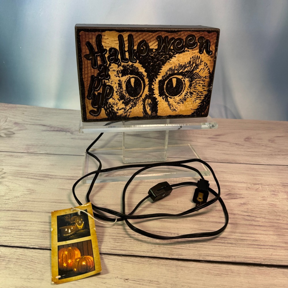 Happy Halloween Light Box Owl Decor 7.5x5x3 Black Orange Spooky Glow